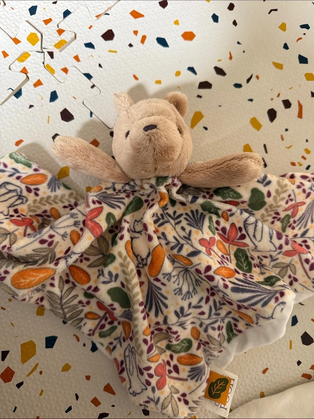 Disney Plush Bear Lovey Blanket in Cream with Multicolor Leaf Print